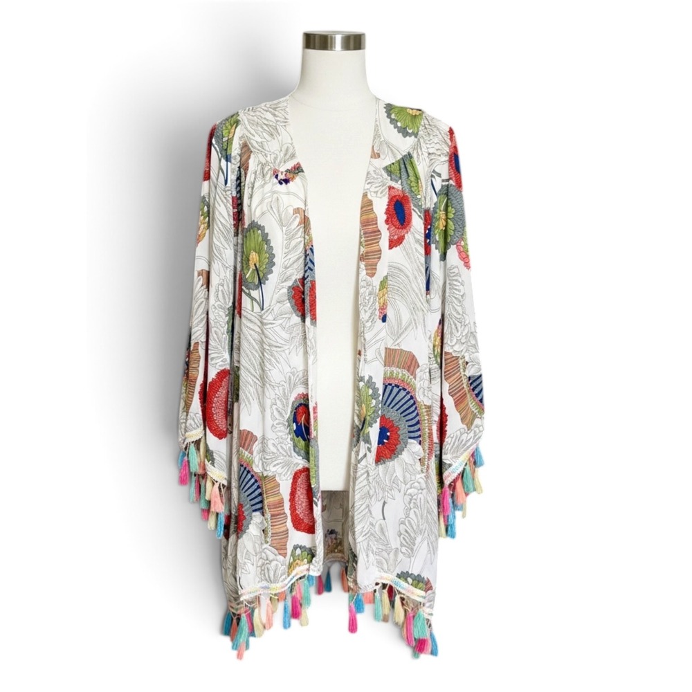 Womens Boho Floral Fan Print Open Front Kimono Tassel Hem Beach Coverup White